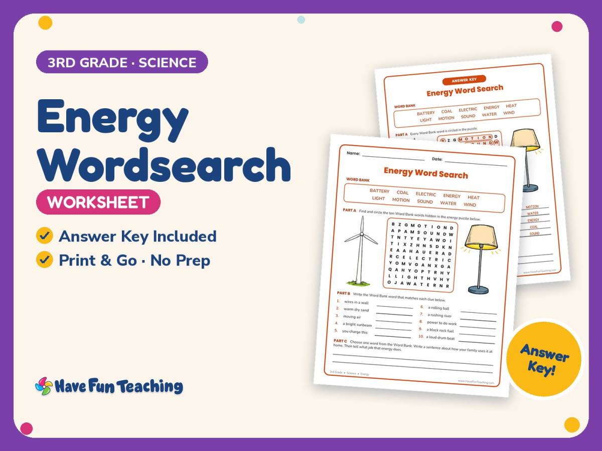 Energy Wordsearch Worksheet – 3rd Grade Science Practice + Answer Key preview