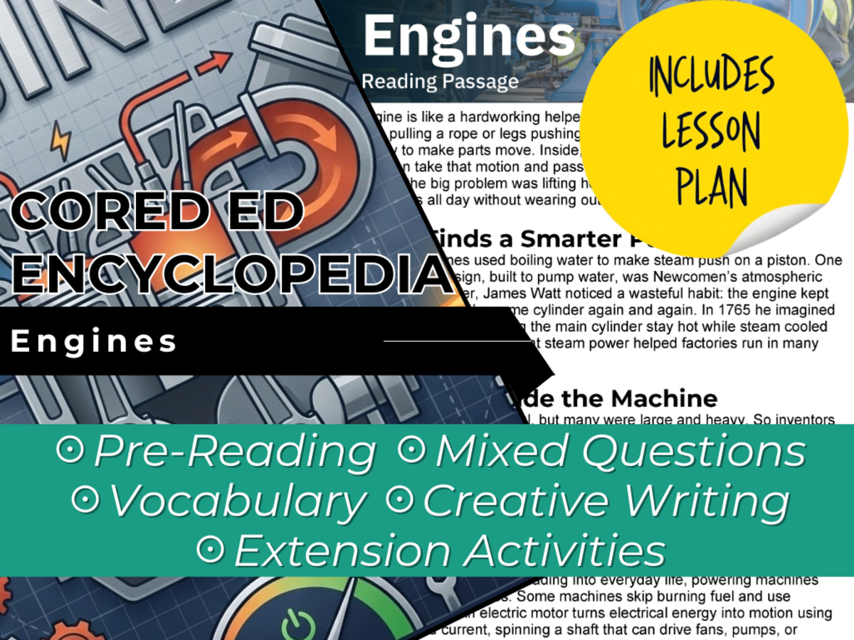 An educational teaching resource from Cored Education entitled Engines Reading Comprehension Passage - Cored Ed Encyclopedia downloadable at Teach Simple.