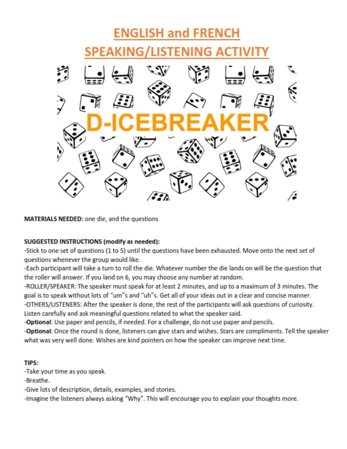 An educational teaching resource from Brave Education entitled English & French Speaking/Listening Dice Game! downloadable at Teach Simple.