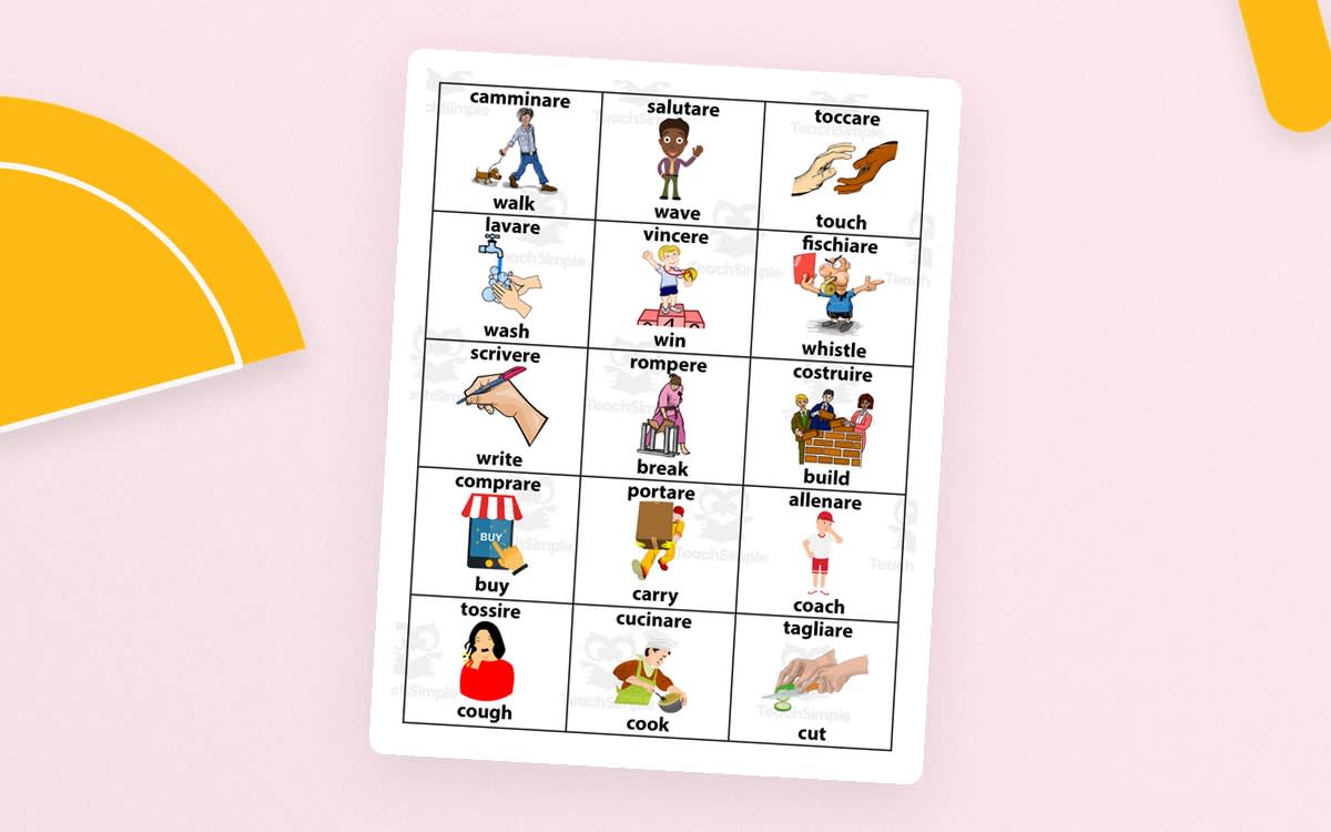 An educational teaching resource from Homeschoolingprints entitled English-Italian Action Verbs – ESL Vocabulary Cards downloadable at Teach Simple.
