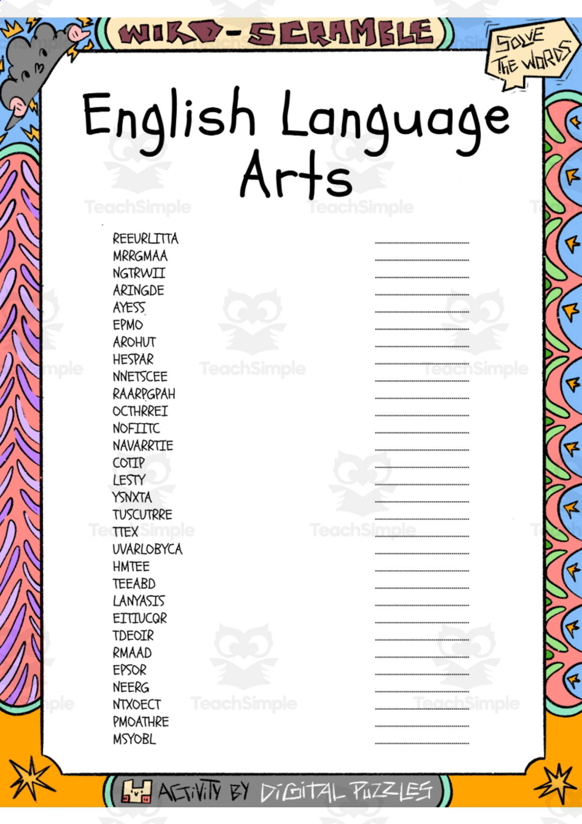 An educational teaching resource from Lapiiin Art Activities entitled English Language Arts word Scramble puzzle worksheet activity downloadable at Teach Simple.
