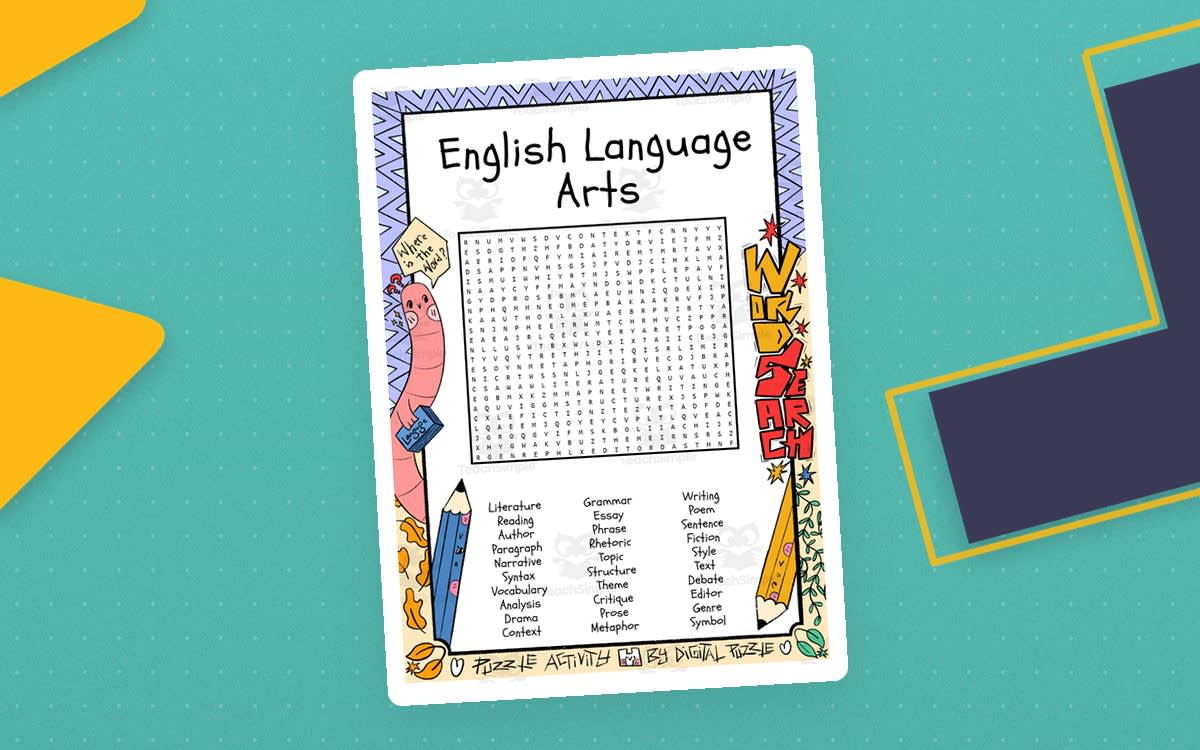 An educational teaching resource from Lapiiin Art Activities entitled English Language Arts word search puzzle worksheet activity downloadable at Teach Simple.