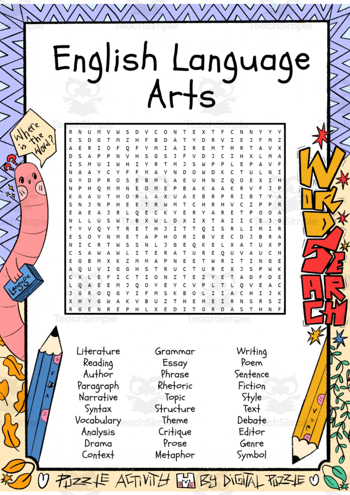 An educational teaching resource from Lapiiin Art Activities entitled English Language Arts word search puzzle worksheet activity downloadable at Teach Simple.