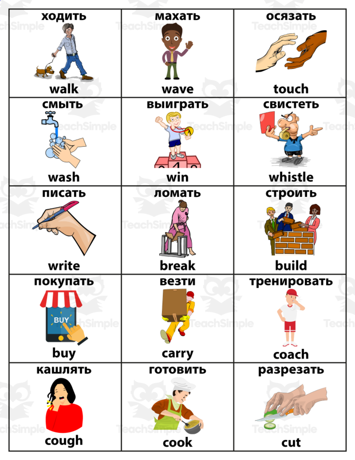 An educational teaching resource from Homeschoolingprints entitled English-Russian Action Verbs ESL Vocabulary Flashcards for Beginners downloadable at Teach Simple.