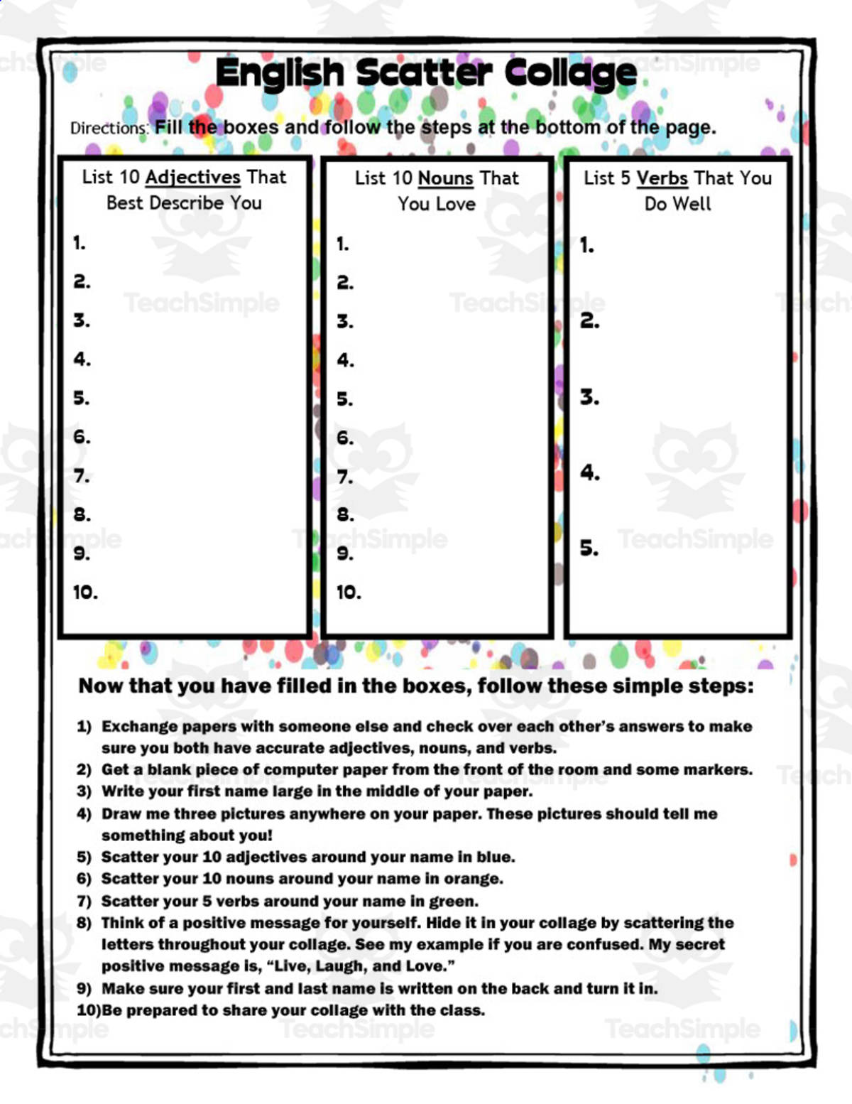 An educational teaching resource from Time Thrifty Teacher entitled English Scatter Collage | Getting to Know You Activity downloadable at Teach Simple.