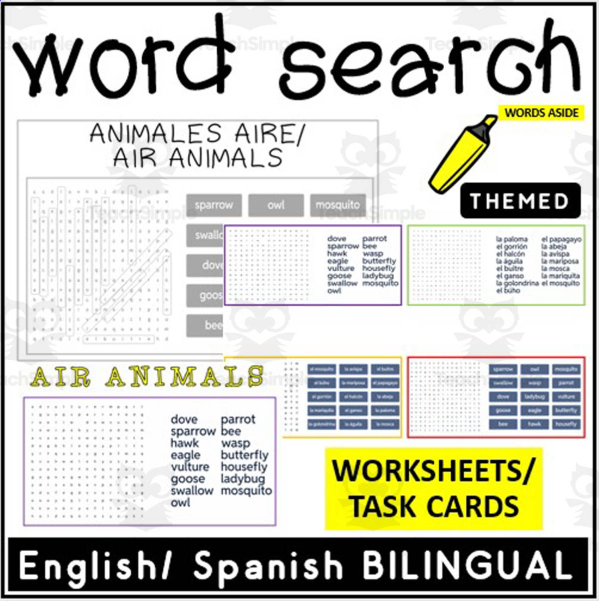 An educational teaching resource from WORDS ASIDE entitled English Spanish Bilingual Vocabulary Wordsearch Task Cards 1 downloadable at Teach Simple.