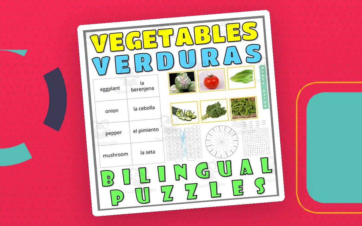 An educational teaching resource from WORDS ASIDE entitled English Spanish Vocabulary Cards Worksheets Puzzles VEGETABLES downloadable at Teach Simple.