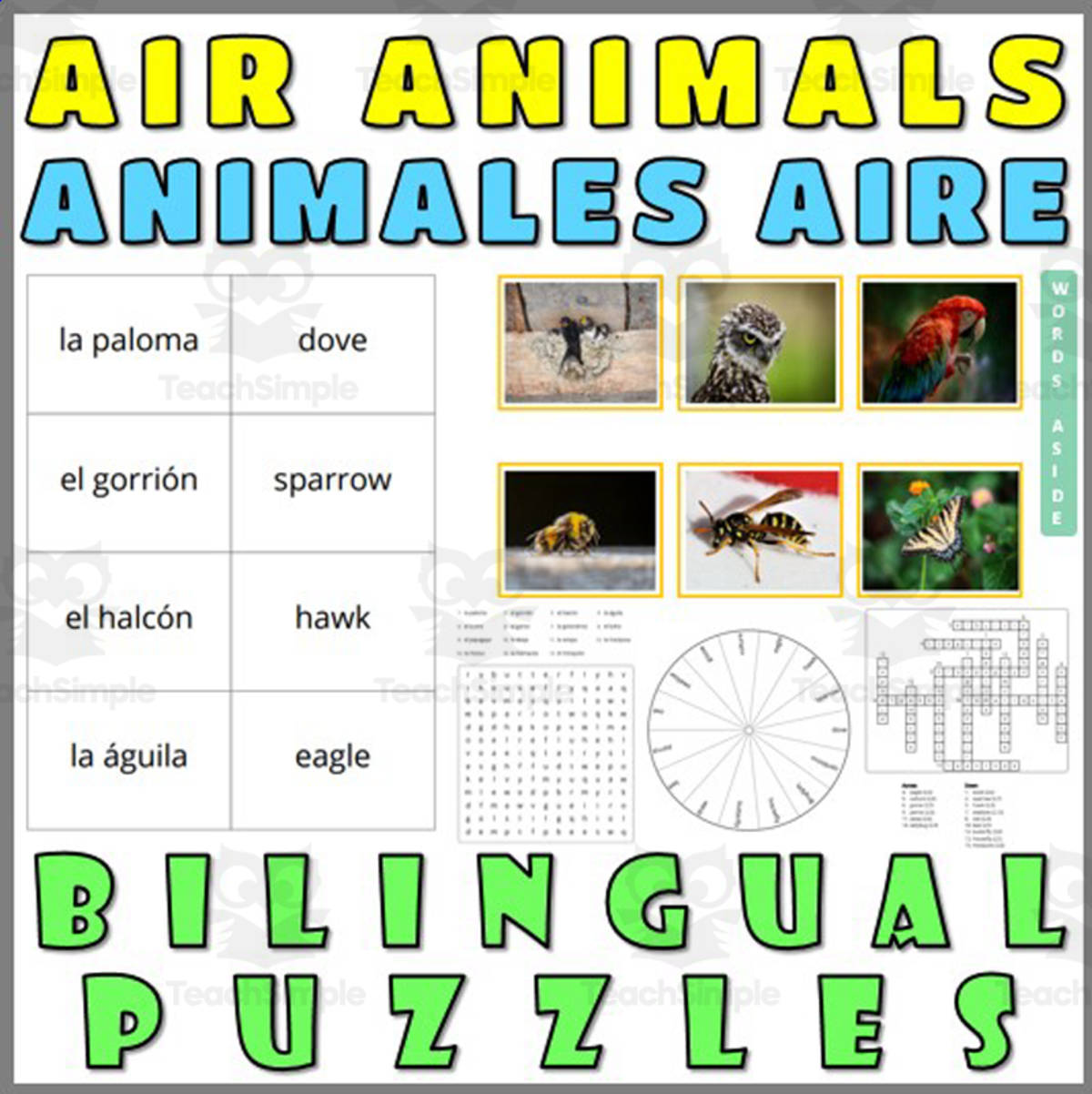 An educational teaching resource from WORDS ASIDE entitled English Spanish Vocabulary Flash Cards Worksheets Puzzles AIR ANIMALS downloadable at Teach Simple.