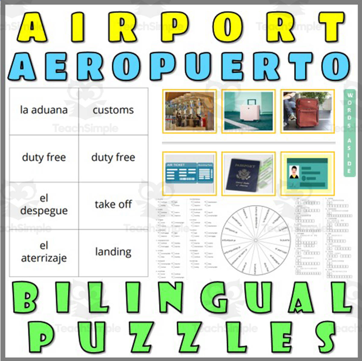 An educational teaching resource from WORDS ASIDE entitled English Spanish Vocabulary Flash Cards Worksheets Puzzles AIRPORT downloadable at Teach Simple.