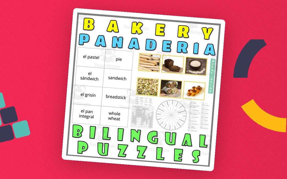 An educational teaching resource from WORDS ASIDE entitled English Spanish Vocabulary Flash Cards Worksheets Puzzles BAKERY downloadable at Teach Simple.
