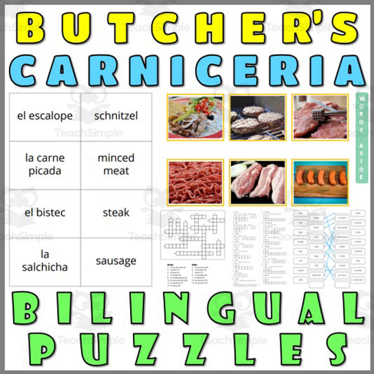 An educational teaching resource from WORDS ASIDE entitled English Spanish Vocabulary Flash Cards Worksheets Puzzles BUTCHER downloadable at Teach Simple.