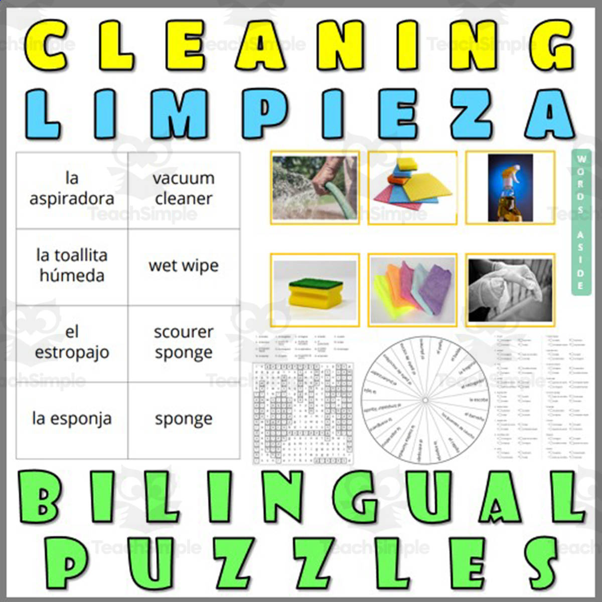 An educational teaching resource from WORDS ASIDE entitled English Spanish Vocabulary Flash Cards Worksheets Puzzles CLEANING downloadable at Teach Simple.