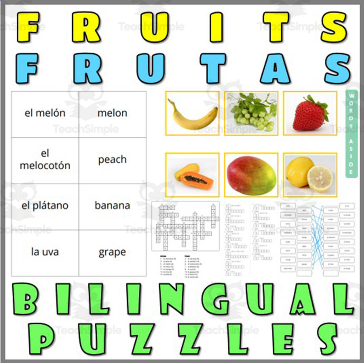 An educational teaching resource from WORDS ASIDE entitled English Spanish Vocabulary Flash Cards Worksheets Puzzles FRUITS downloadable at Teach Simple.