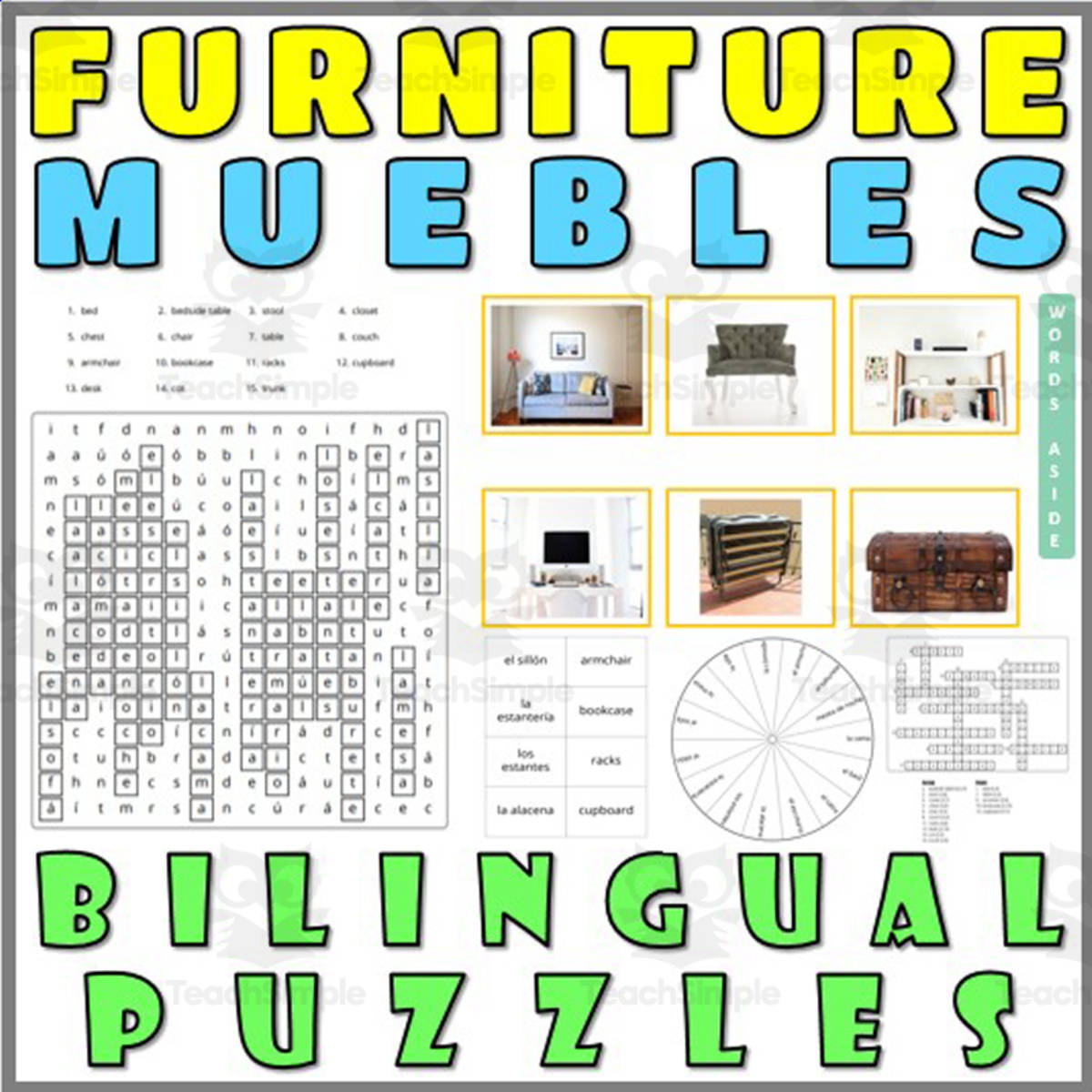 An educational teaching resource from WORDS ASIDE entitled English Spanish Vocabulary Flash Cards Worksheets Puzzles FURNITURE downloadable at Teach Simple.