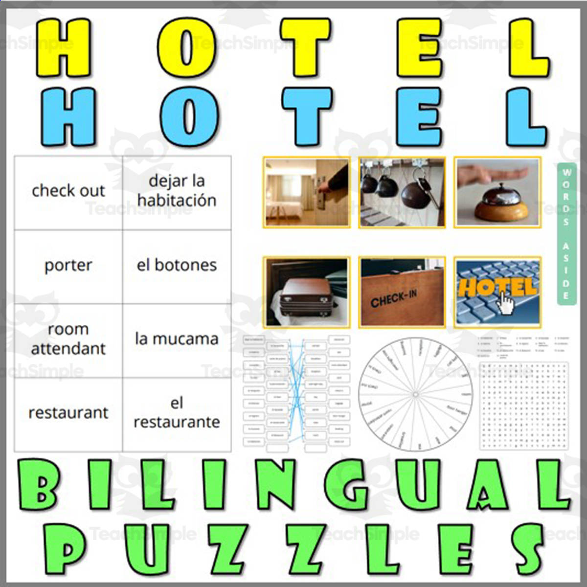 An educational teaching resource from WORDS ASIDE entitled English Spanish Vocabulary Flash Cards Worksheets Puzzles HOTEL downloadable at Teach Simple.
