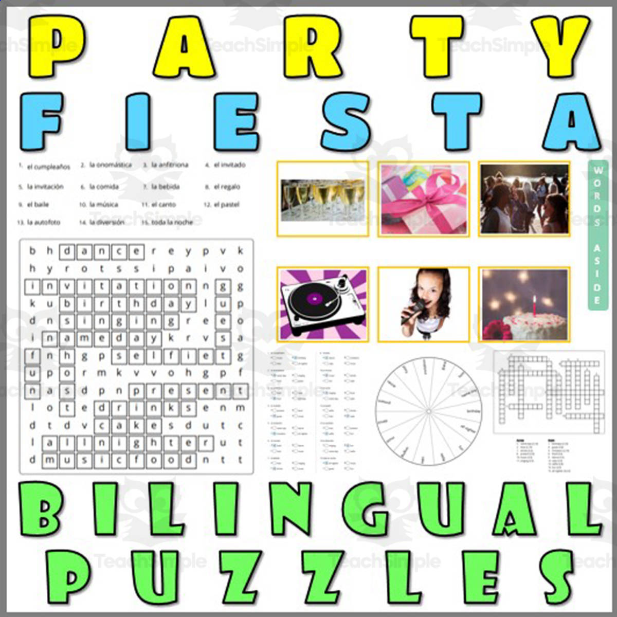 An educational teaching resource from WORDS ASIDE entitled English Spanish Vocabulary Flash Cards Worksheets Puzzles PARTY downloadable at Teach Simple.