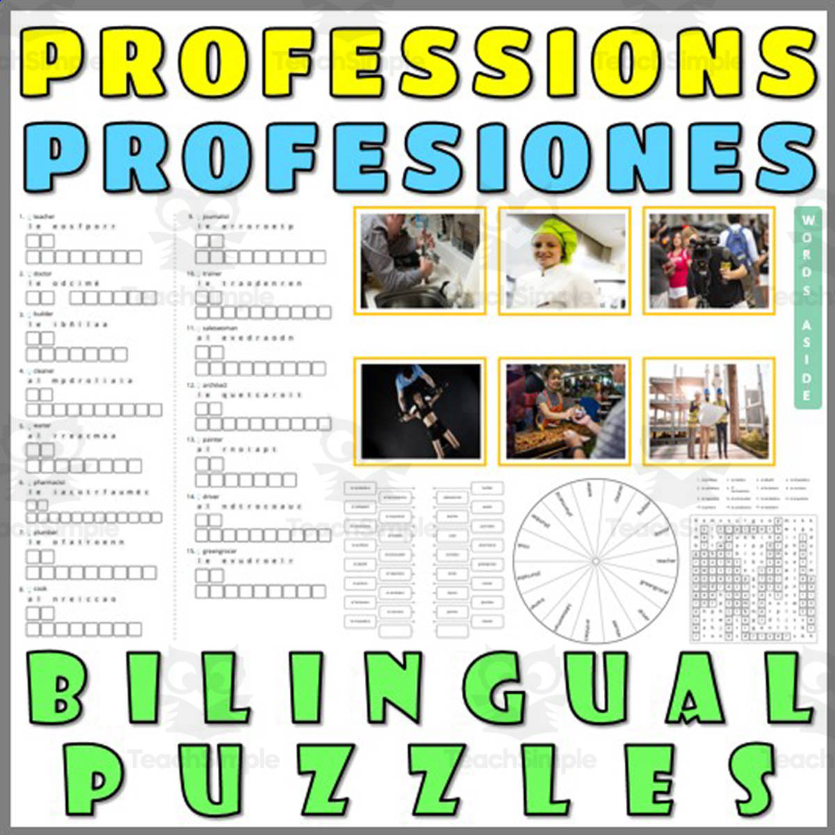 An educational teaching resource from WORDS ASIDE entitled English Spanish Vocabulary Flash Cards Worksheets Puzzles PROFESSIONS downloadable at Teach Simple.