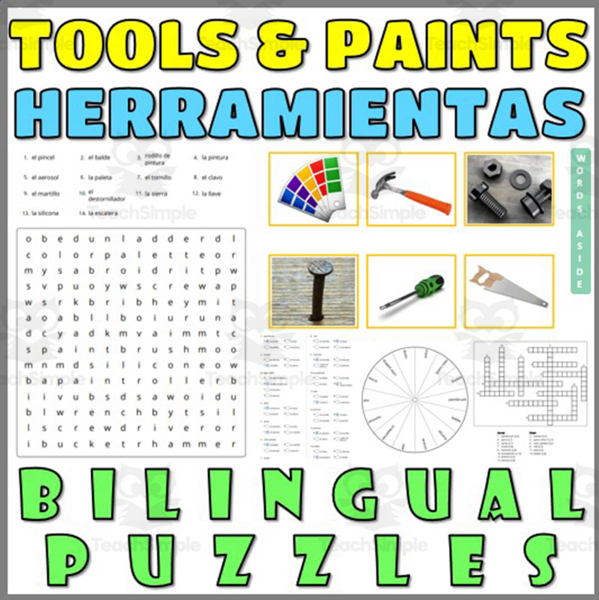 An educational teaching resource from WORDS ASIDE entitled English Spanish Vocabulary Flash Cards Worksheets Puzzles TOOLS PAINTS downloadable at Teach Simple.