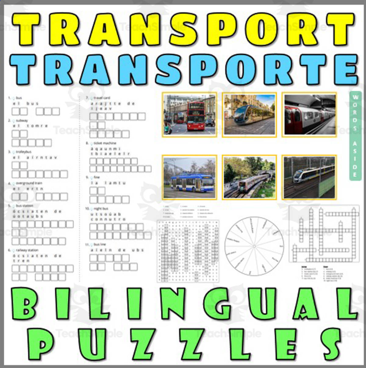 An educational teaching resource from WORDS ASIDE entitled English Spanish Vocabulary Flash Cards Worksheets Puzzles TRANSPORT downloadable at Teach Simple.