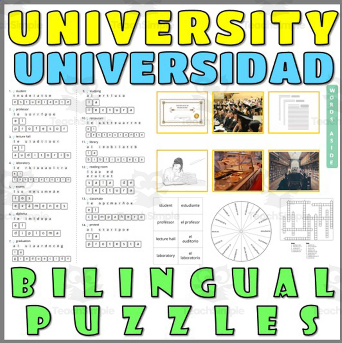 An educational teaching resource from WORDS ASIDE entitled English Spanish Vocabulary Flash Cards Worksheets Puzzles UNIVERSITY downloadable at Teach Simple.