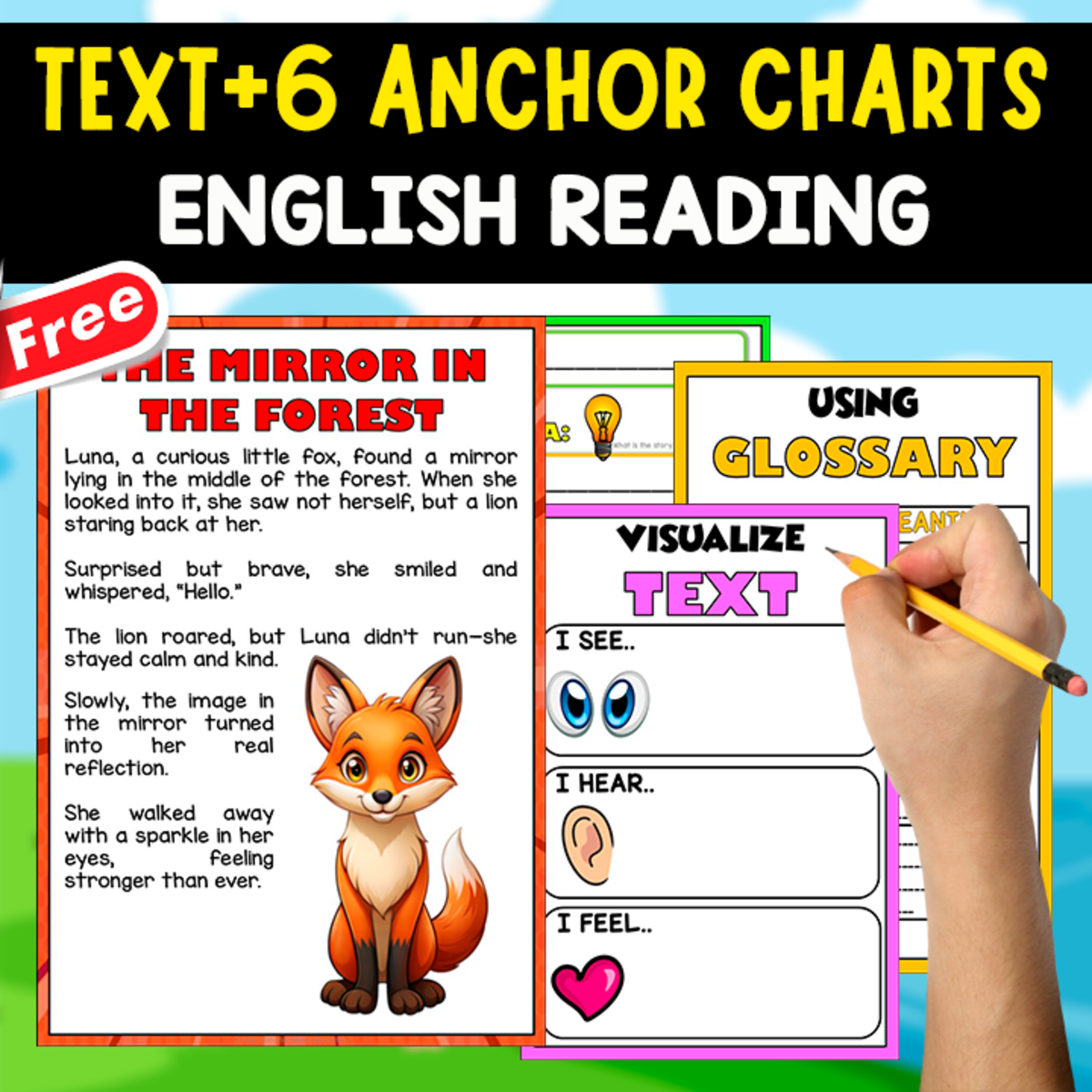 An educational teaching resource from EDITORIAL LAURA EDUCA entitled ENGLISH TEXT + 6 ANCHOR CHARTS | The Mirror in the Forest downloadable at Teach Simple.