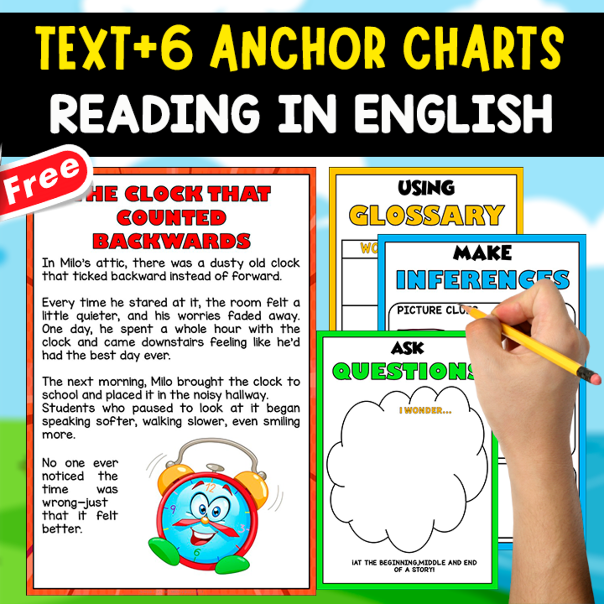 An educational teaching resource from EDITORIAL LAURA EDUCA entitled ENGLISH TEXT+6 ANCHOR CHARTS | The Clock That Counted Backwards downloadable at Teach Simple.