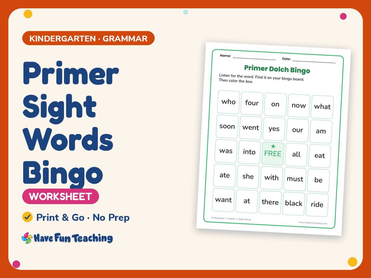 English Worksheet: Primer Sight Words Bingo – Kindergarten Grammar preview
