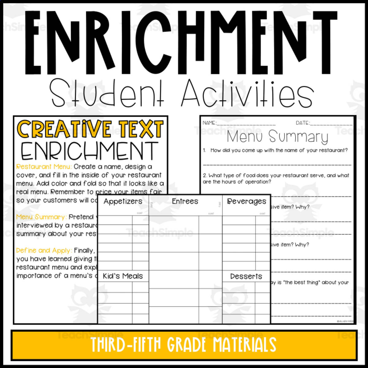 An educational teaching resource from Hillary’s Teaching Adventures entitled Enrichment Activities downloadable at Teach Simple.