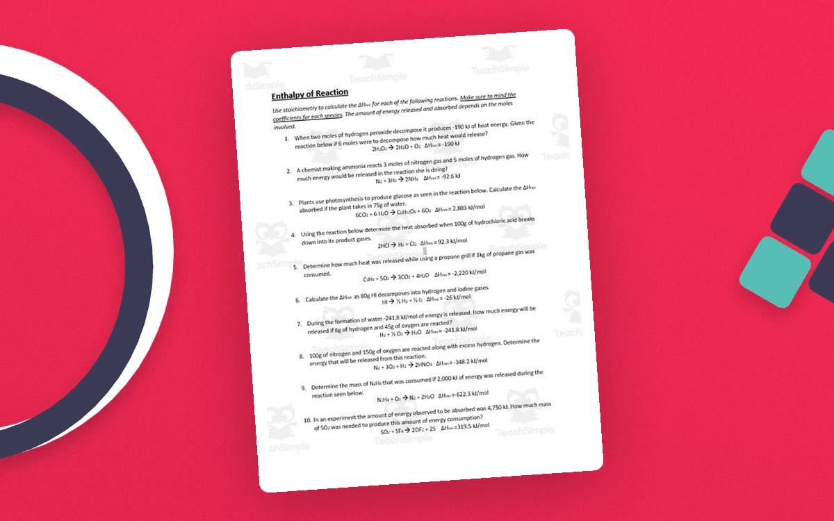 An educational teaching resource from Schrim's Chem entitled Enthalpy Stoichiometry Practice – 10 Problems downloadable at Teach Simple.