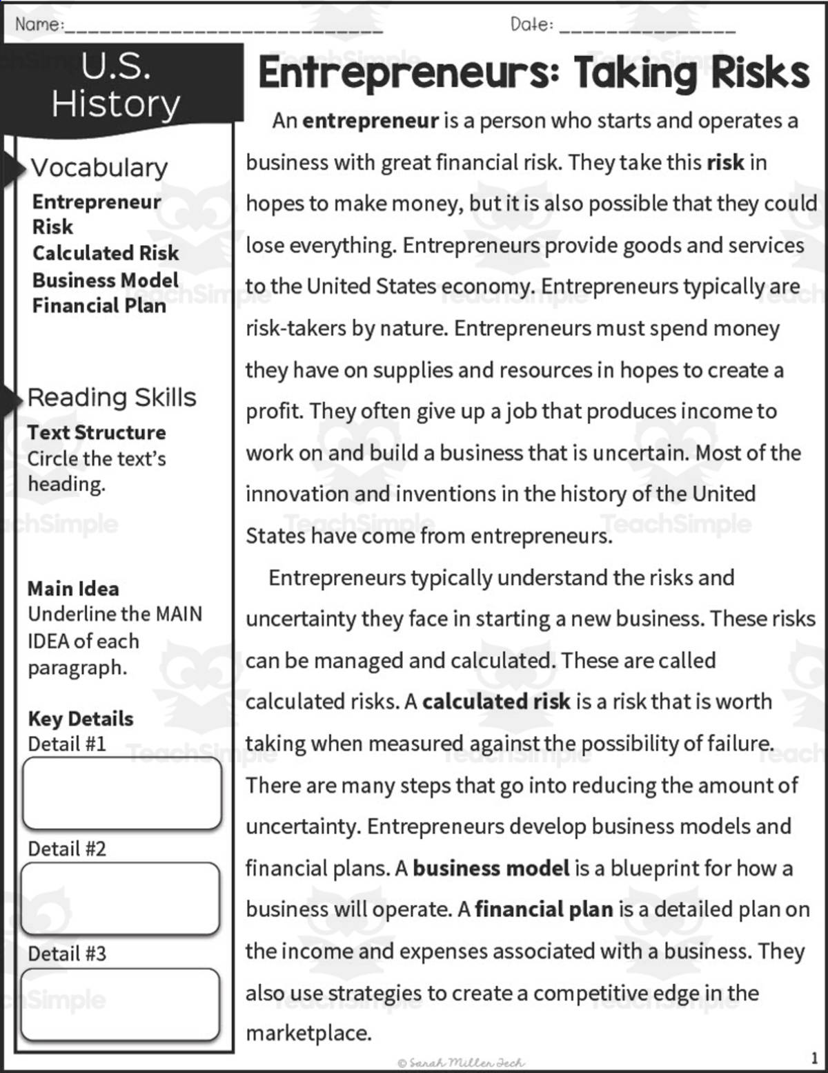 An educational teaching resource from Sarah Miller Tech entitled Entrepreneurs: Taking Risks Reading Packet downloadable at Teach Simple.