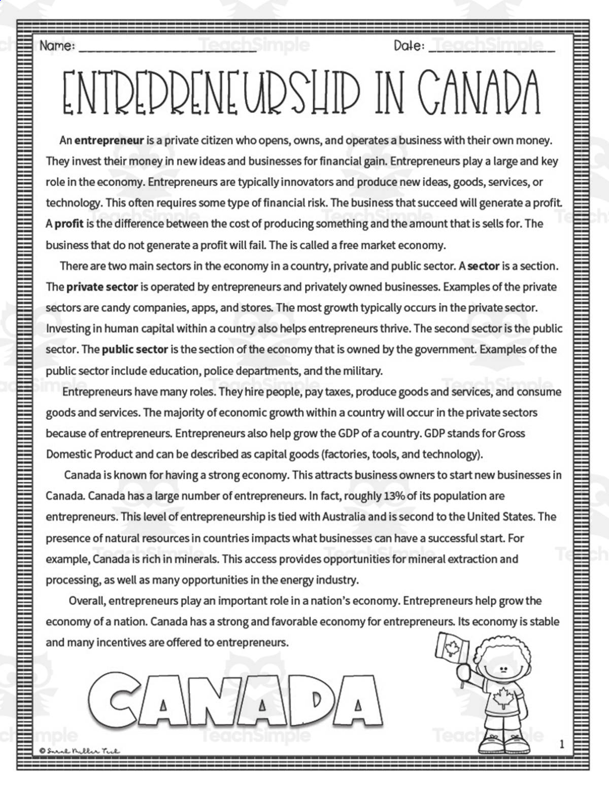 An educational teaching resource from Sarah Miller Tech entitled Entrepreneurship in Canada Reading Packet downloadable at Teach Simple.