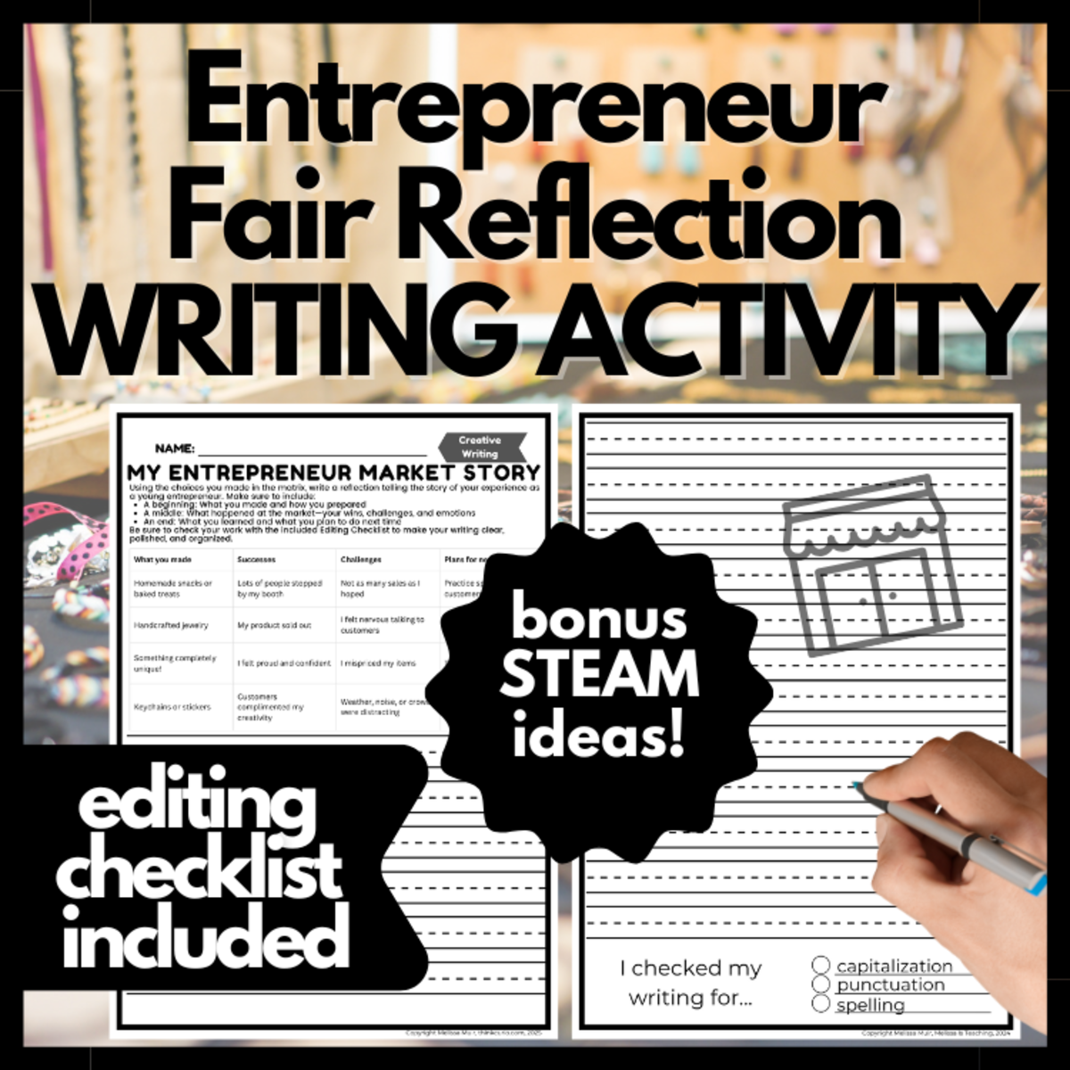 An educational teaching resource from Melissa Is Teaching entitled Entrepreneurship Market Reflection Writing Activity for Kids downloadable at Teach Simple.
