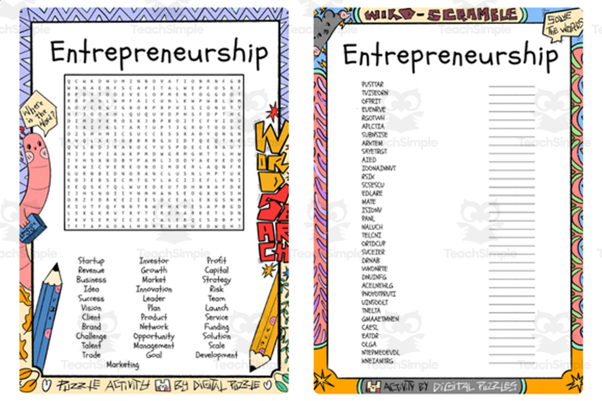 An educational teaching resource from Lapiiin Art Activities entitled Entrepreneurship word search & scramble downloadable at Teach Simple.