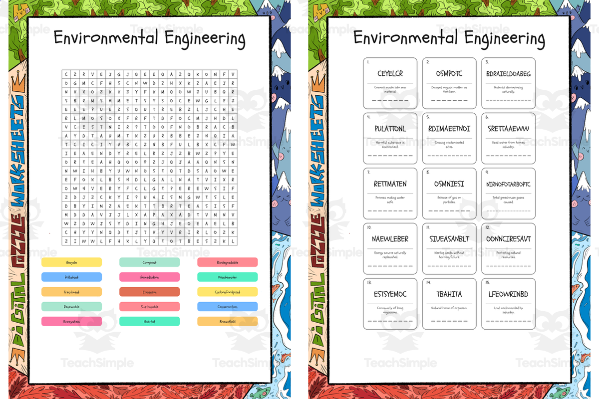 An educational teaching resource from Lapiiin Art Activities entitled Environmental Engineering word search, scramble and crossword puzzle downloadable at Teach Simple.