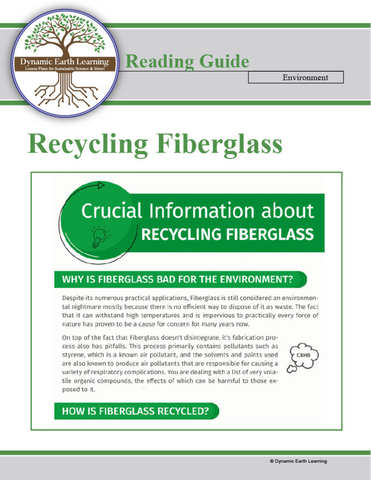 An educational teaching resource from  Dynamic Earth Learning entitled Environmental Lesson Plan: CHALLENGES OF RECYCLING FIBERGLASS (Digital and Print) downloadable at Teach Simple.