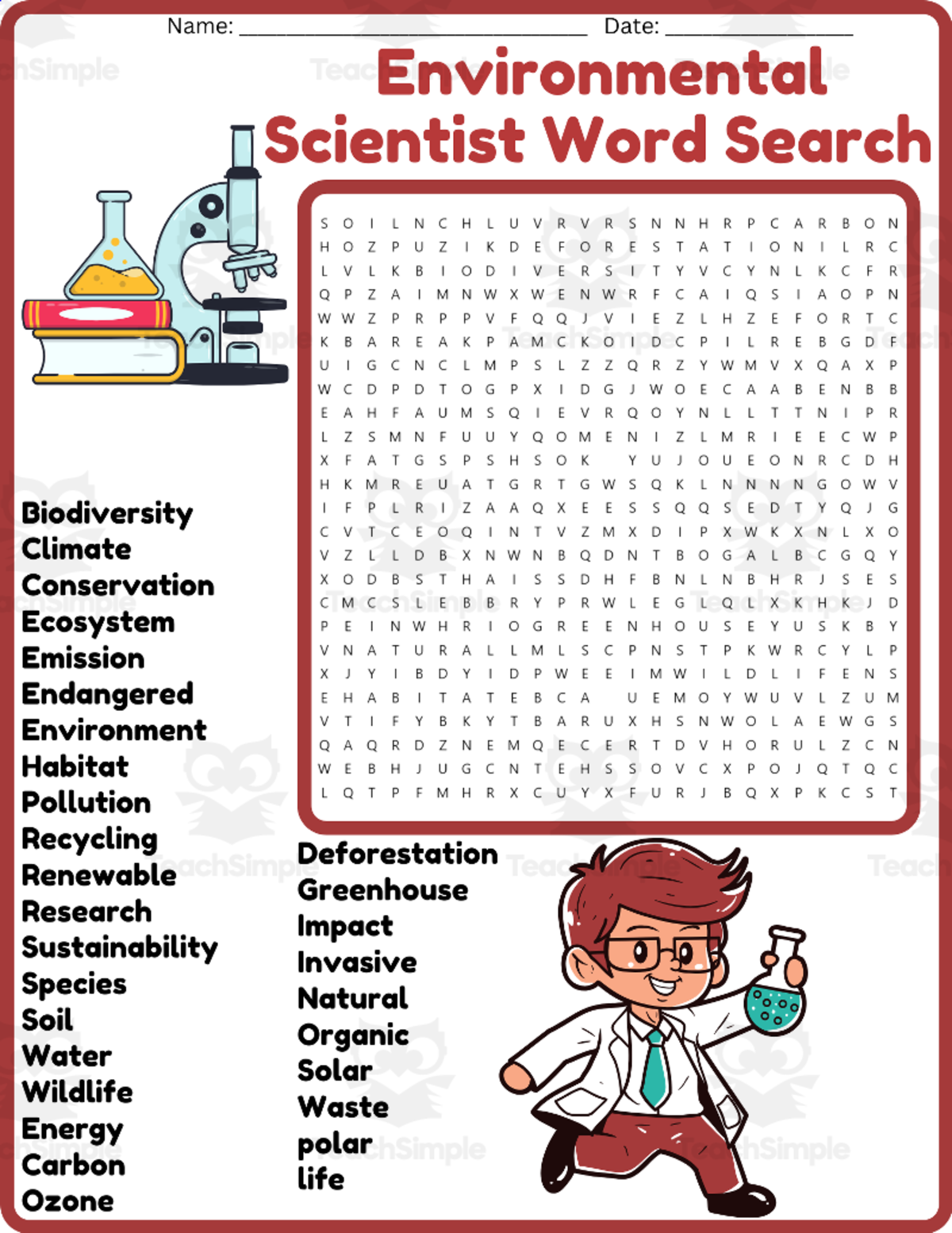 An educational teaching resource from space shope entitled Environmental Scientist Word Search Puzzle Worksheet Activity downloadable at Teach Simple.