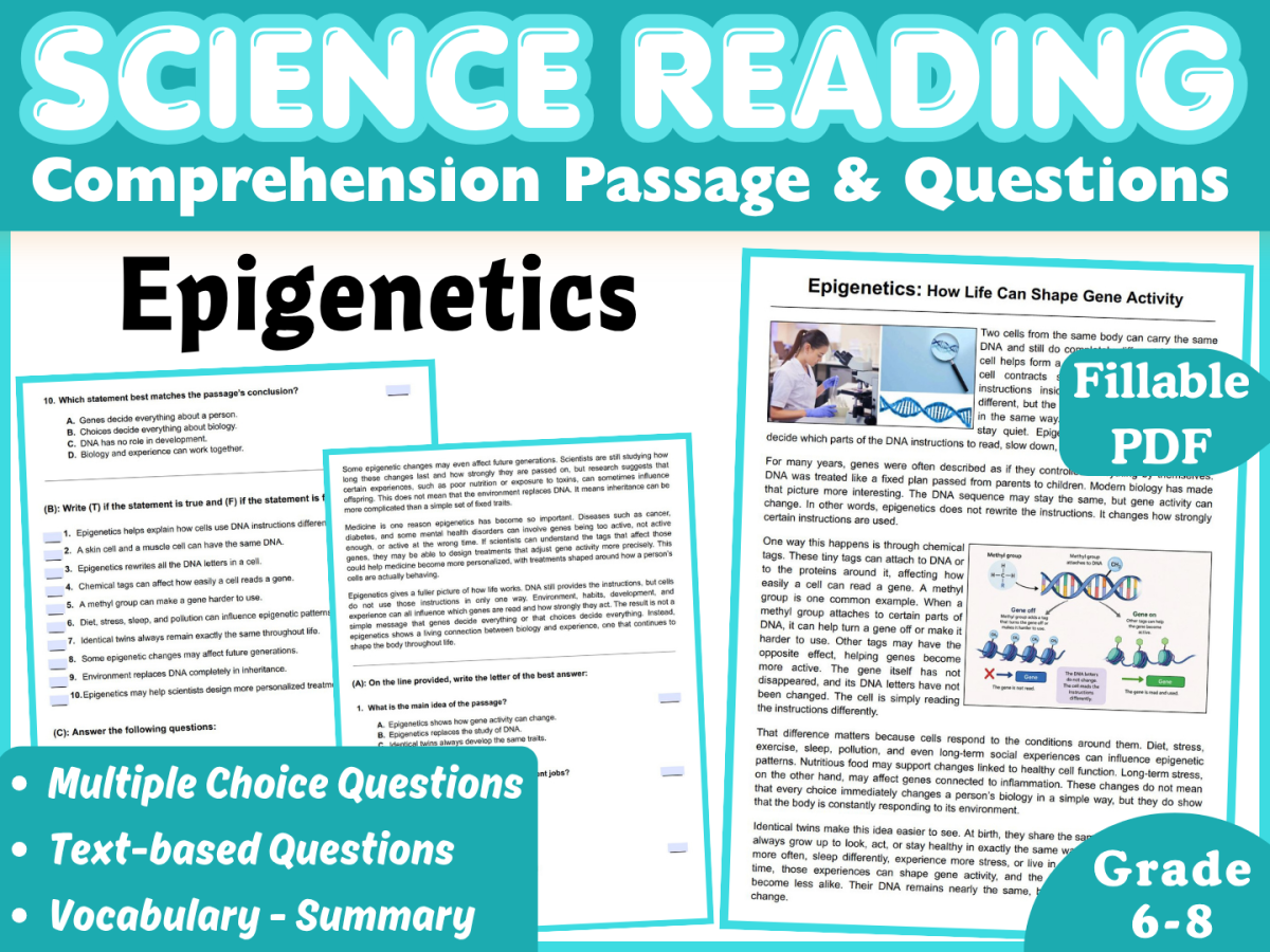 An educational teaching resource from Middle & High School - CORED Education entitled Epigenetics: Life Science Reading Comprehension Passage (Fillable PDF) downloadable at Teach Simple.