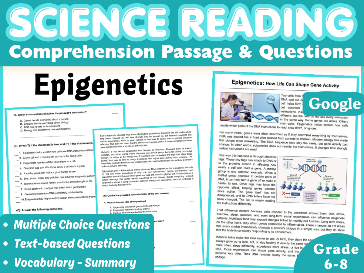 An educational teaching resource from Middle & High School - CORED Education entitled Epigenetics: Middle School Life Science Reading Comprehension (Docs) downloadable at Teach Simple.