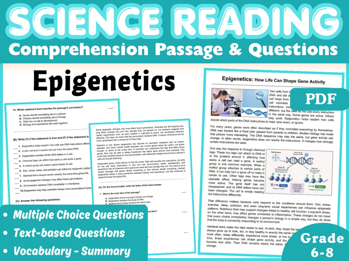 An educational teaching resource from Middle & High School - CORED Education entitled Epigenetics: Middle School Life Science Reading Comprehension (PDF) downloadable at Teach Simple.