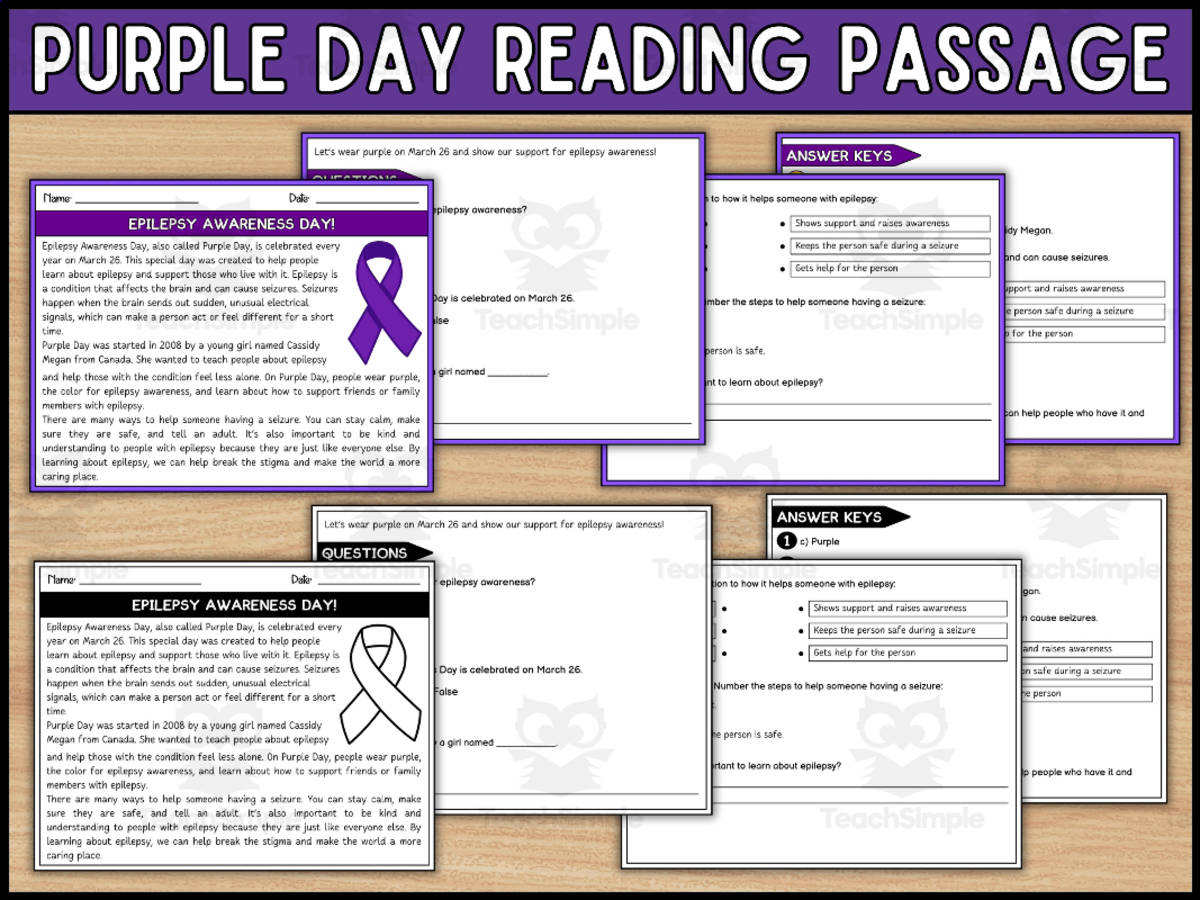 An educational teaching resource from Wonderland School entitled Epilepsy Awareness Day Reading Comprehension Passage & Questions downloadable at Teach Simple.