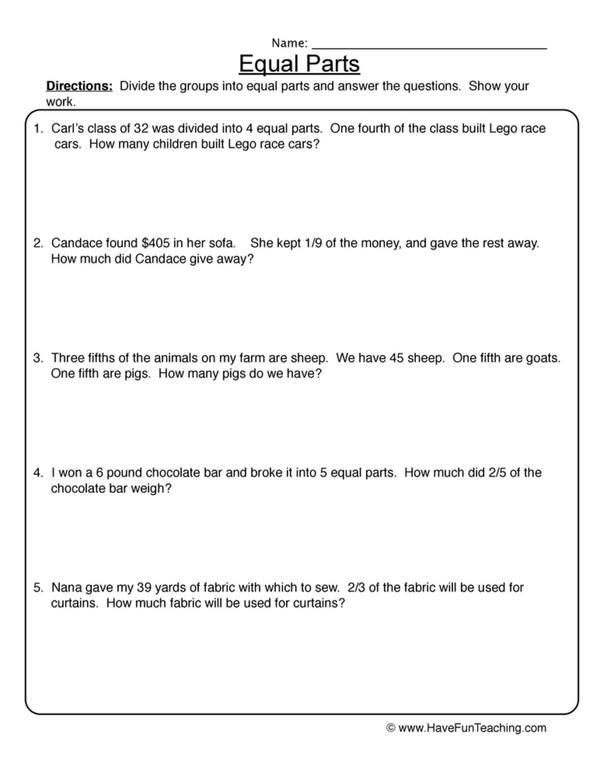 An educational teaching resource from Have Fun Teaching entitled Equal Parts Word Problems Fractions Worksheet downloadable at Teach Simple.