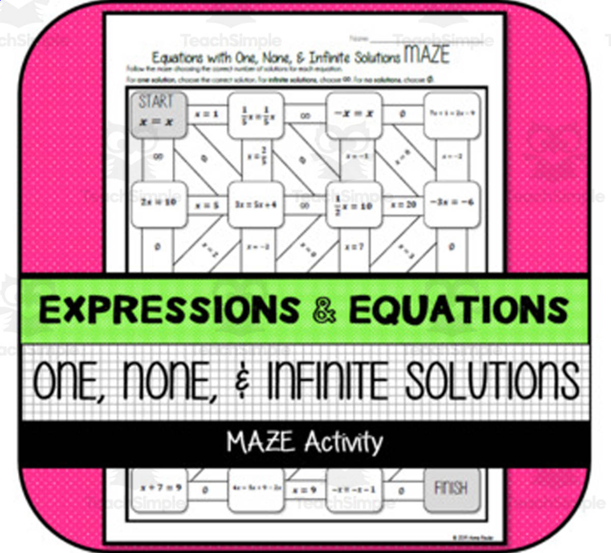 An educational teaching resource from The Math Cafe entitled Equations with One, None, & Infinite Solutions MAZE downloadable at Teach Simple.