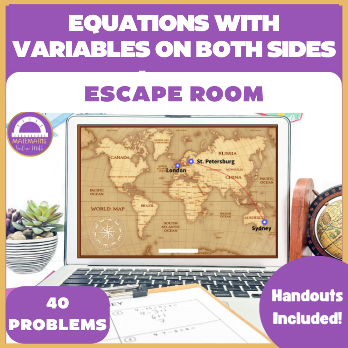 An educational teaching resource from Matemaths entitled Equations with Variables on Both Sides – Digital Escape Room downloadable at Teach Simple.