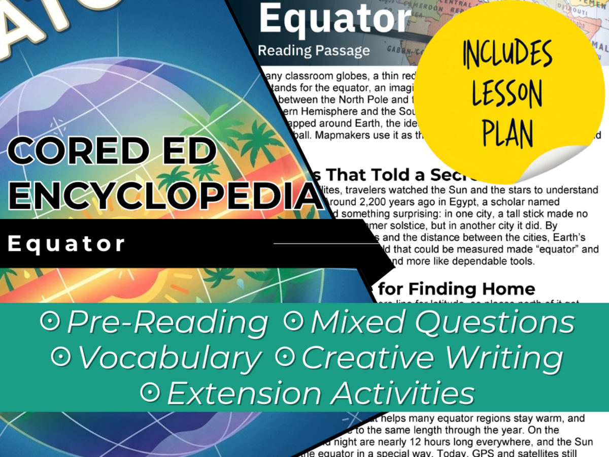 An educational teaching resource from Cored Education entitled Equator Reading Comprehension Passage - Cored Ed Encyclopedia downloadable at Teach Simple.