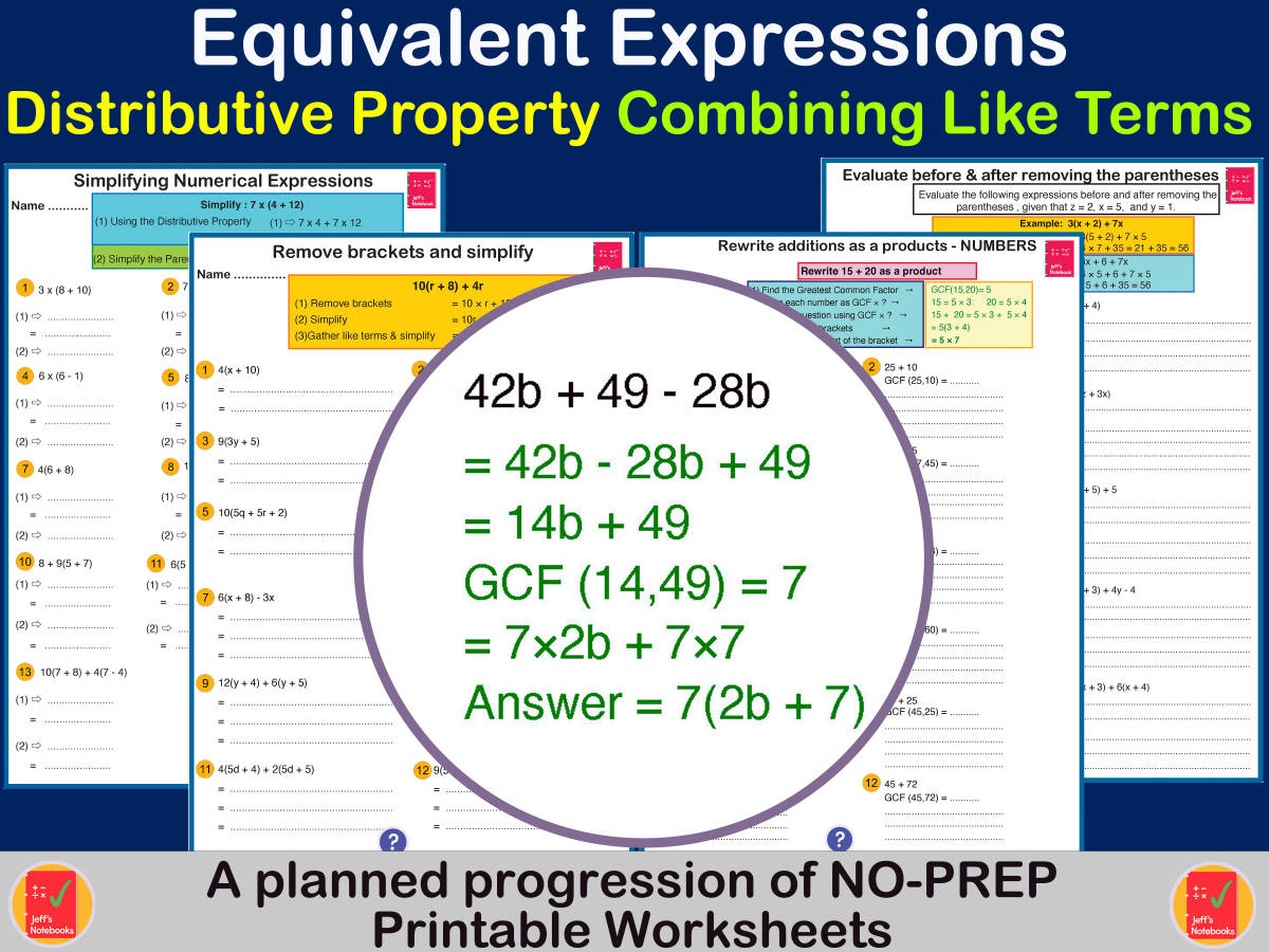 An educational teaching resource from Jeff's Notebooks entitled Equivalent Expressions for 6th Grade downloadable at Teach Simple.