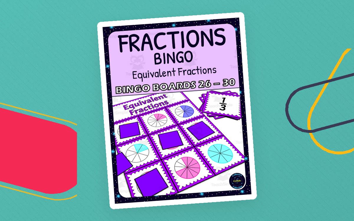 An educational teaching resource from Colleen's Cosmic Collection entitled Equivalent Fractions Activity - Bingo Game - Fraction Circles - Boards 26-30 downloadable at Teach Simple.