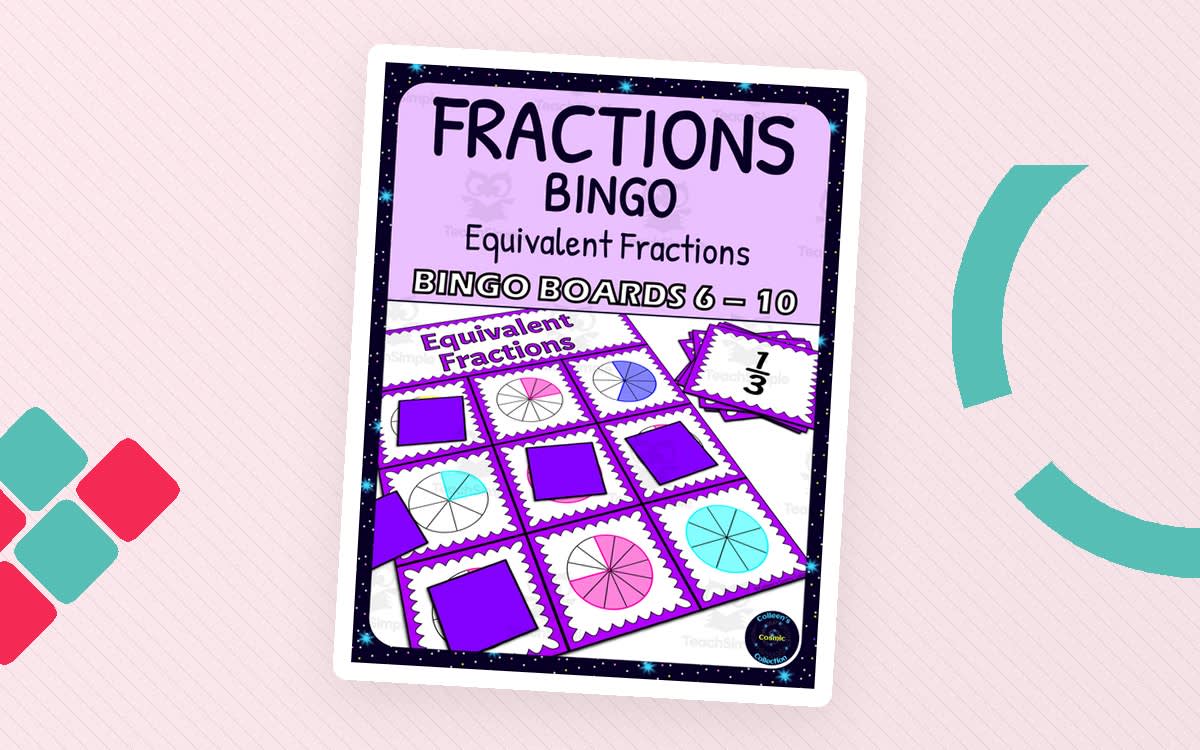 An educational teaching resource from Colleen's Cosmic Collection entitled Equivalent Fractions Activity - Bingo Game - Fraction Circles - Boards 6-10 downloadable at Teach Simple.