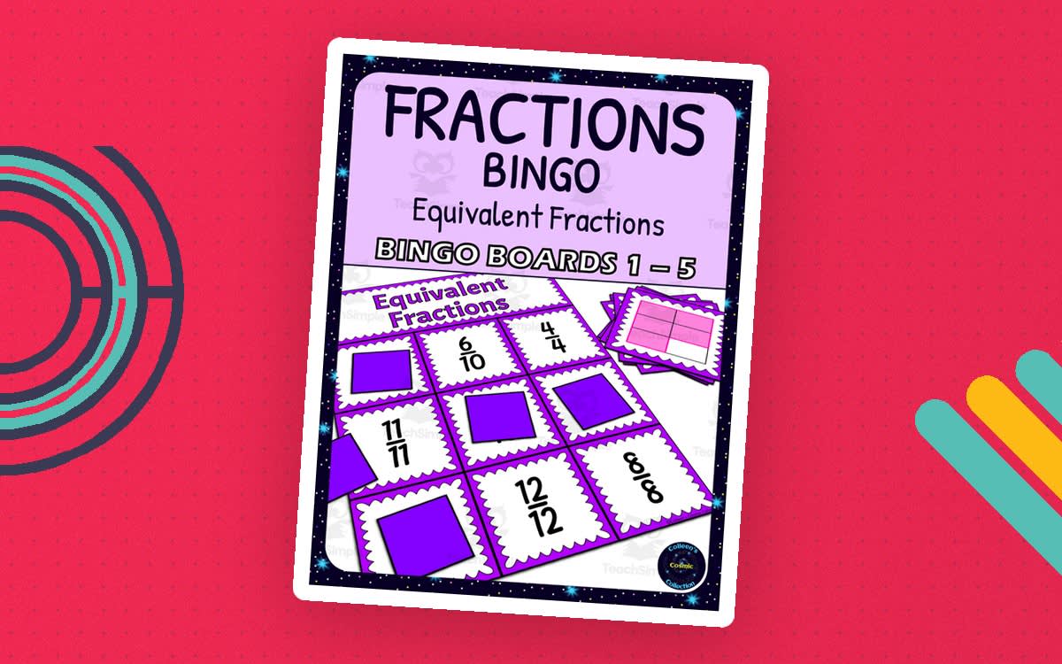 An educational teaching resource from Colleen's Cosmic Collection entitled Equivalent Fractions Activity - Bingo Game - Fraction Symbols - Boards 1-5 downloadable at Teach Simple.