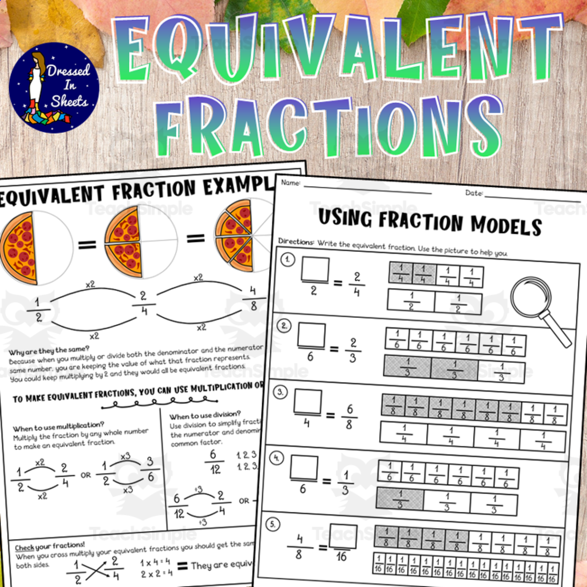 An educational teaching resource from Soumara Siddiqui entitled Equivalent Fractions Worksheets downloadable at Teach Simple.