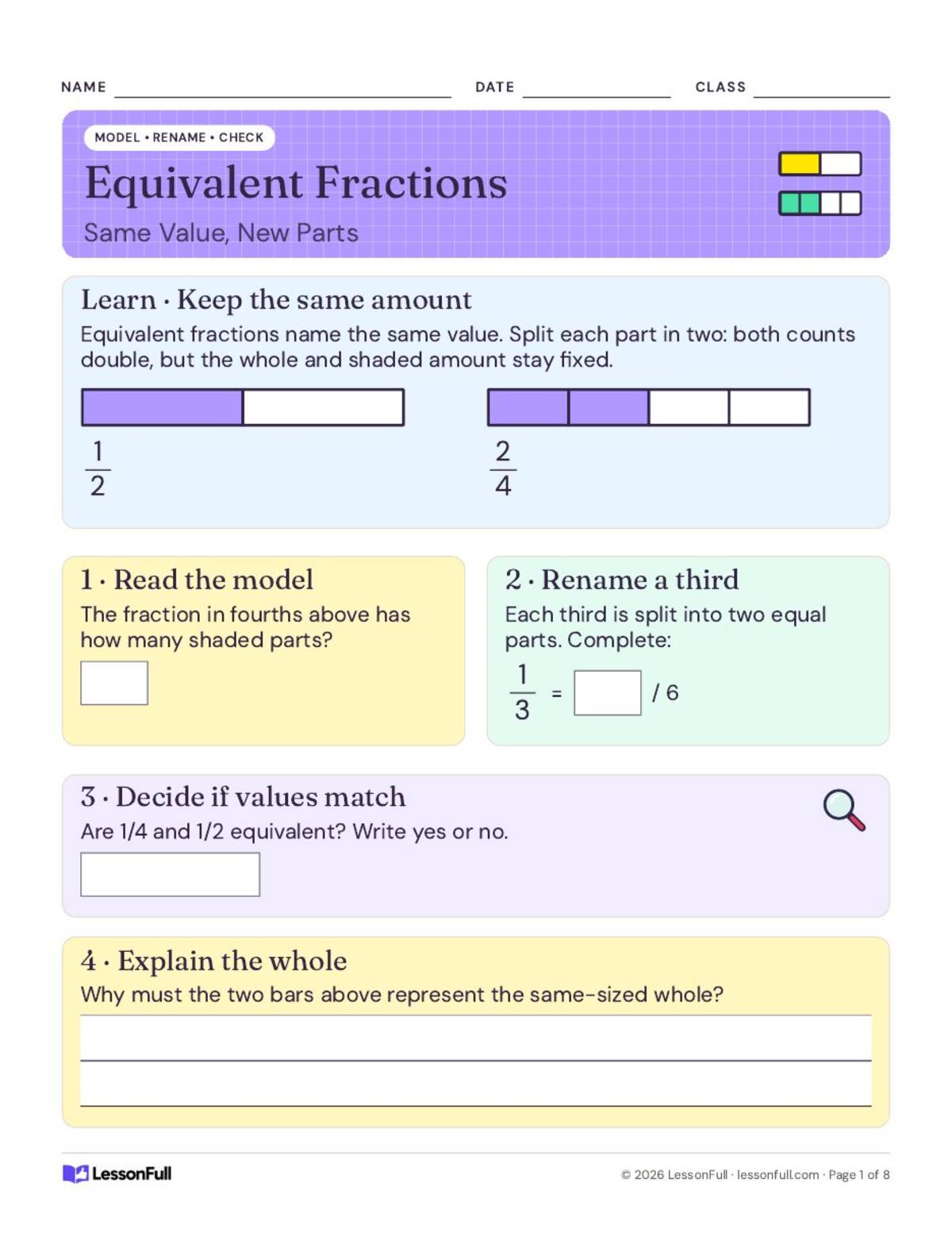Equivalent Fractions Worksheets preview